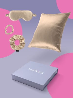 Kinkekomplekt - Siidist padjapüür lukuga + magamismask + scrunchie + mini juuksekumm kinkekarbis