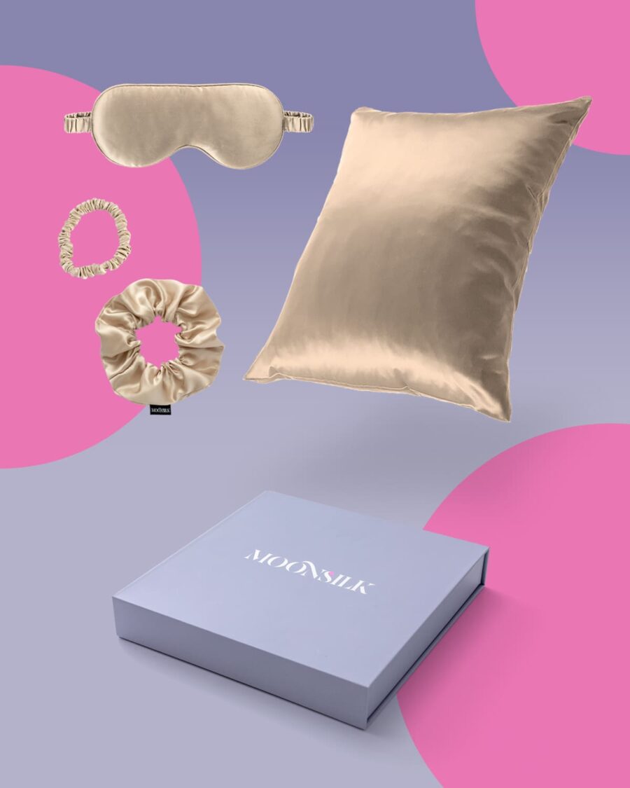 Kinkekomplekt - Siidist padjapüür lukuga + magamismask + scrunchie + mini juuksekumm kinkekarbis