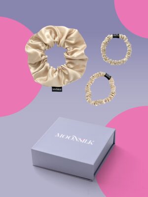 Kinkekomplekt - Siidist scrunchie, mini juuksekumm ja mini kivikestega kinkekarbis