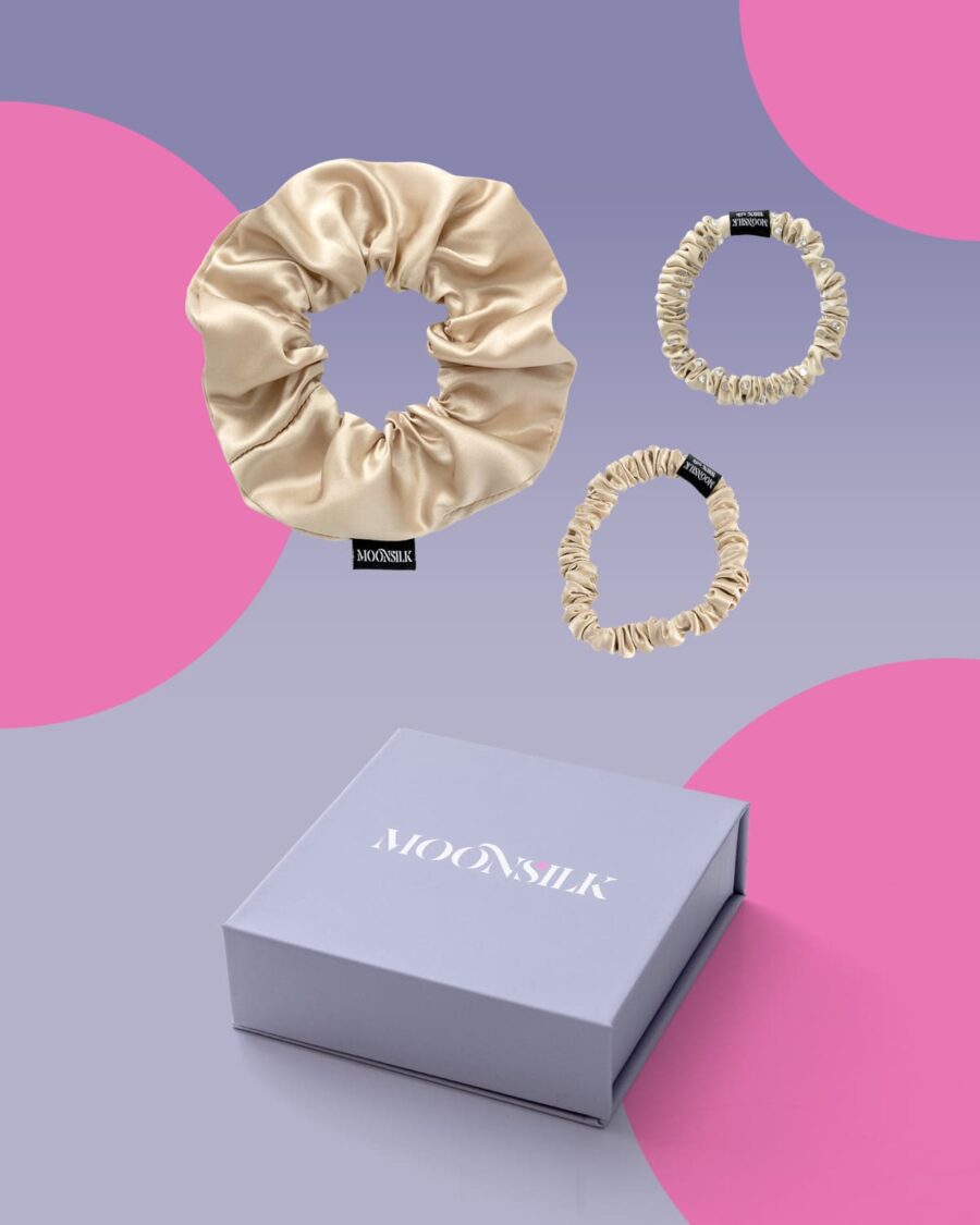 Kinkekomplekt - Siidist scrunchie, mini juuksekumm ja mini kivikestega kinkekarbis
